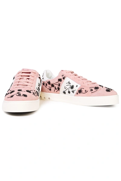 Shop Valentino Flycrew Bead-embellished Leather And Suede Sneakers In Baby Pink