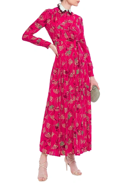 Shop Valentino Satin-trimmed Pintucked Floral-print Silk Crepe De Chine Maxi Dress In Fuchsia