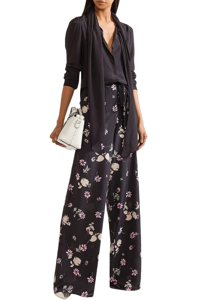 Shop Valentino Floral-print Silk Crepe De Chine Wide-leg Pants In Black