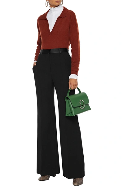 Shop Victoria Beckham Satin-trimmed Wool-gabardine Flared Pants In Black