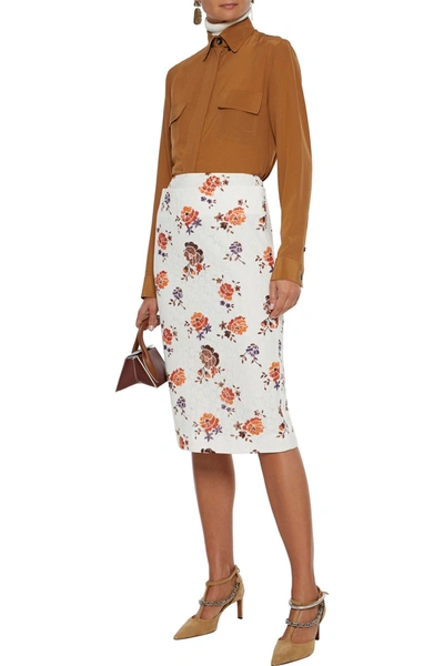 Shop Victoria Beckham Floral-print Lace Pencil Skirt In Off-white