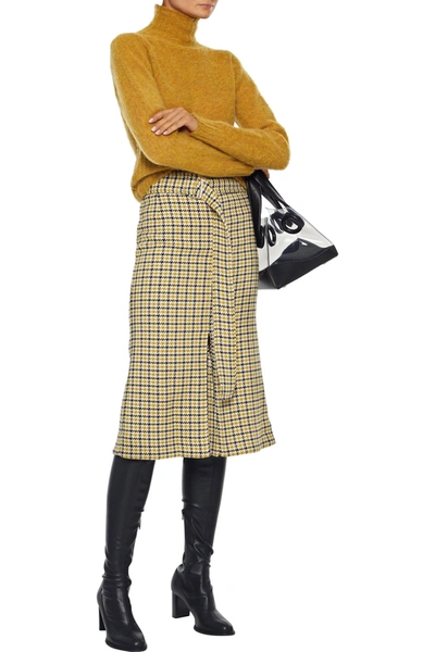 Shop Victoria Beckham Belted Pleated Houndstooth Wool-blend Midi Skirt In Mustard