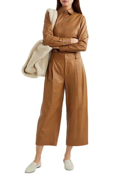 Shop Vince Cropped Leather Wide-leg Pants In Camel