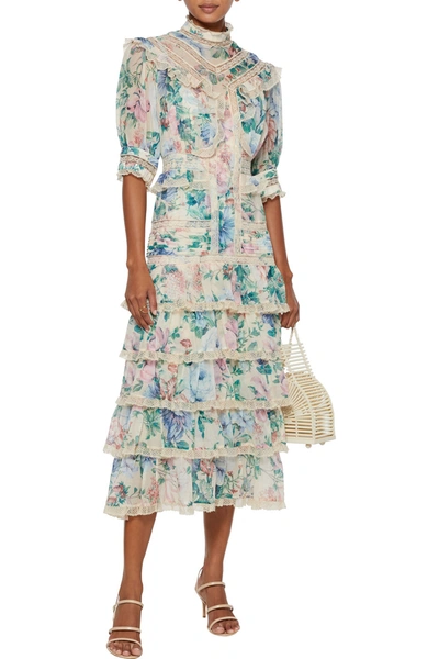 Shop Zimmermann Verity Scallop Tiered Floral-print Cotton And Silk-blend Midi Dress In Cream