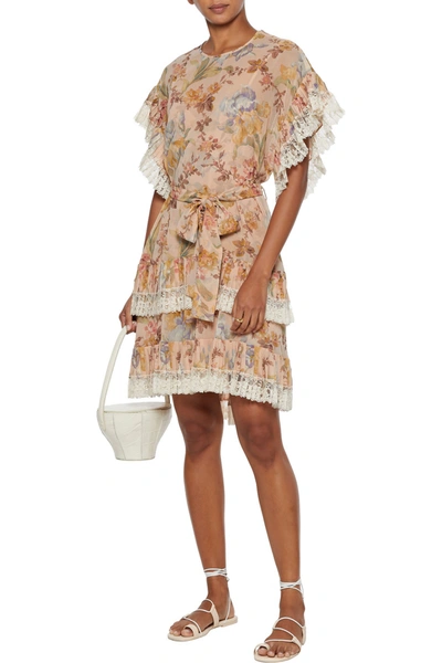 Shop Zimmermann Espionage Pleat Frill Lace-trimmed Floral-print Crepe Dress In Peach