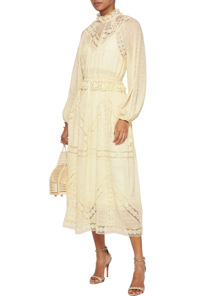 Shop Zimmermann Sabotage Flocked Tulle-paneled Silk-blend Seersucker Midi Dress In Cream