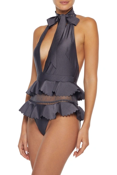 Shop Zimmermann Honour Point D'esprit-paneled Ruffled Halterneck Swimsuit In Dark Gray