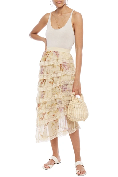 Shop Zimmermann Sabotage Tiered Lace-trimmed Floral-print Silk-chiffon Midi Skirt In Cream