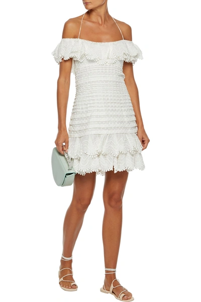 Shop Zimmermann Super Eight Off-the-shoulder Embroidered Linen And Silk-blend Mini Dress In Ivory