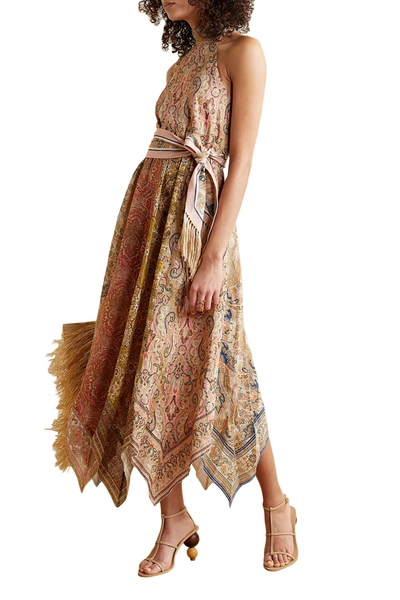 Shop Zimmermann Freja Asymmetric Bow-detailed Printed Linen Midi Dress In Antique Rose