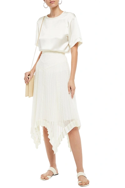Shop Zimmermann Asymmetric Lace-paneled Pleated Swiss-dot Chiffon Skirt In Off-white