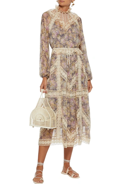 Shop Zimmermann Sabotage Flocked Tulle-paneled Floral-print Silk-gauze Midi Dress In Beige