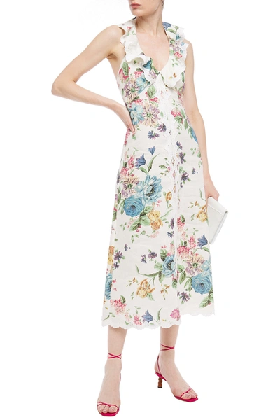 Shop Zimmermann Ninety Six Cascade Floral-print Linen Halterneck Midi Dress In Ivory