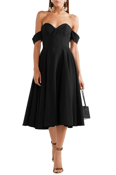 Shop Sara Battaglia Off-the-shoulder Pleated Cady Midi Dress In Black