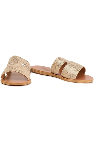 Shop Ancient Greek Sandals Apteros Sequined Woven Slides In Gold