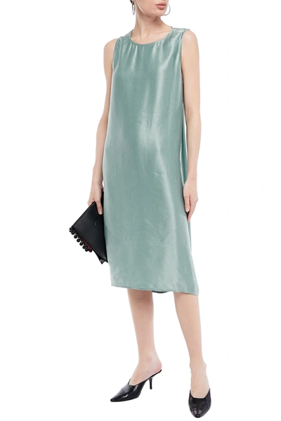 Shop Ann Demeulemeester Draped Linen And Cupro-blend Satin Dress In Grey Green