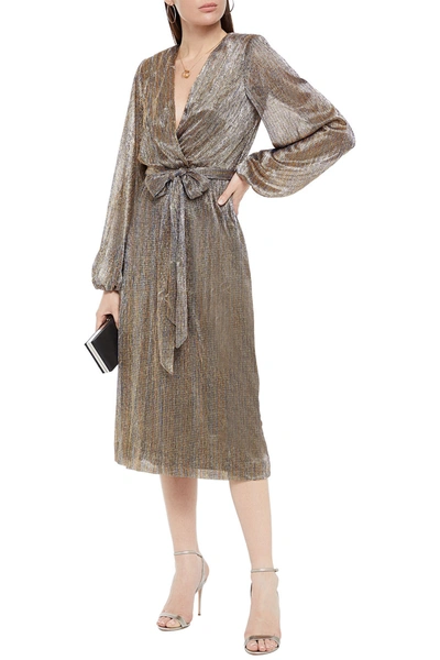 Shop Rebecca Vallance Rivero Wrap-effect Metallic Mesh Midi Dress In Gold