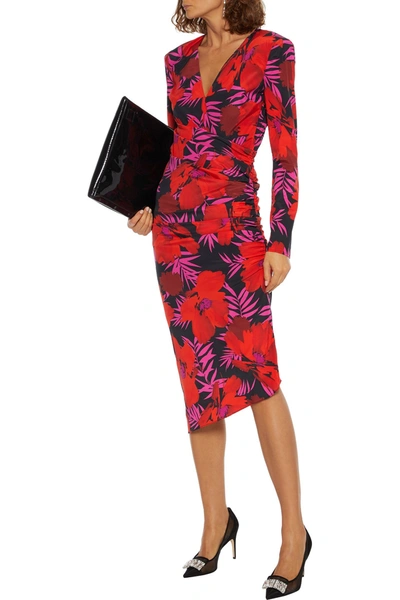 Shop Veronica Beard Alvaro Asymmetric Ruched Floral-print Stretch-silk Crepe De Chine Dress In Red