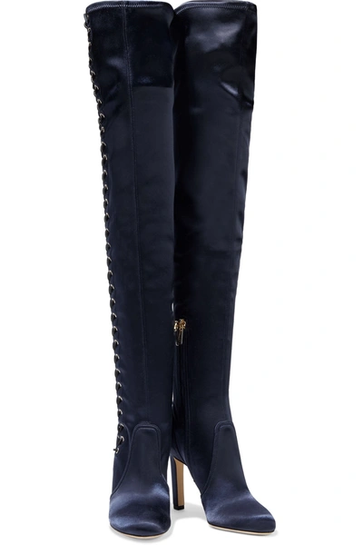 Shop Jimmy Choo Marie 100 Lace-up Stretch-satin Thigh Boots In Navy