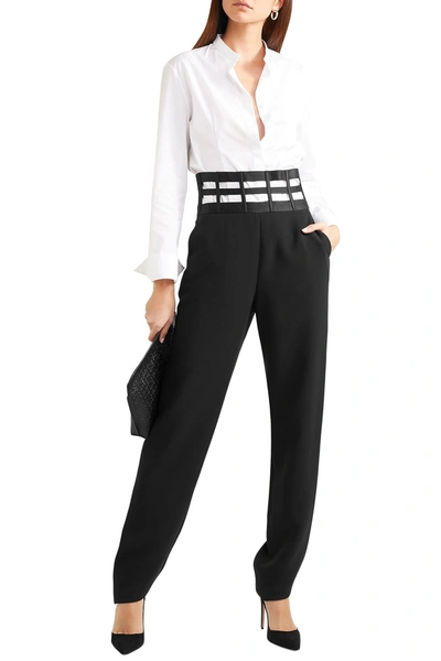 Shop Giorgio Armani Cutout Satin-trimmed Silk-crepe Straight-leg Pants In Black