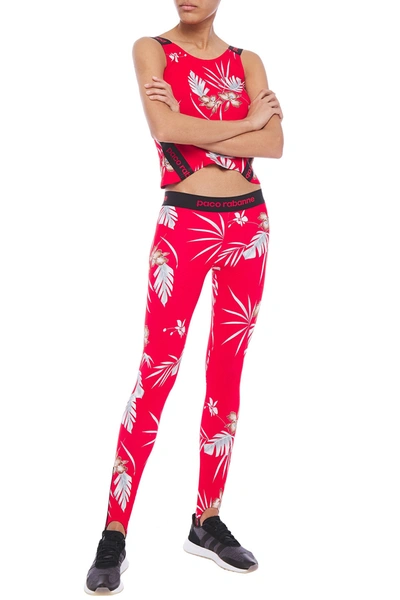 Shop Paco Rabanne Monogram-trimmed Printed Stretch Stirrup Leggings In Tomato Red