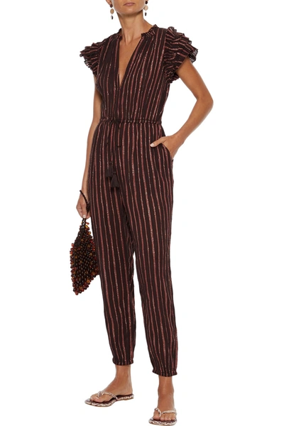Shop Ulla Johnson Elio Ruffle-trimmed Striped Cotton And Lurex-blend Jumpsuit In Chocolate