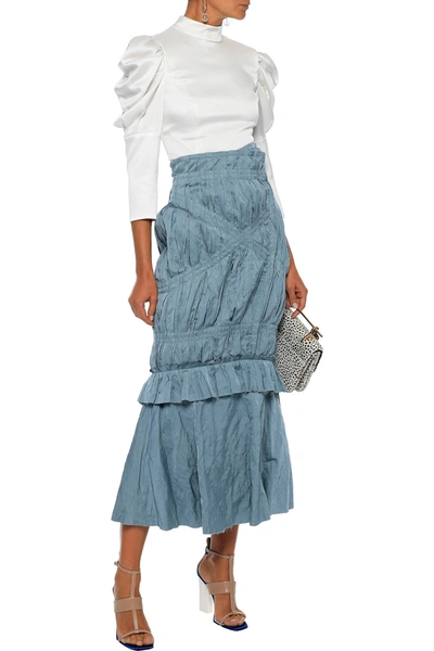 Shop Brock Collection Odorous Pleated Crinkled Taffeta Midi Skirt In Light Blue