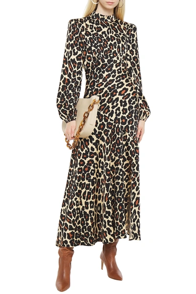 Shop De La Vali Clara Gathered Leopard-print Satin Maxi Dress In Beige