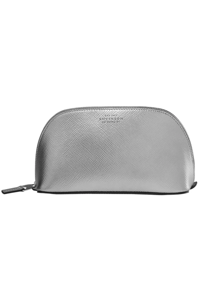 Shop Smythson Panama Metallic Textured-leather Cosmetics Case In Silver