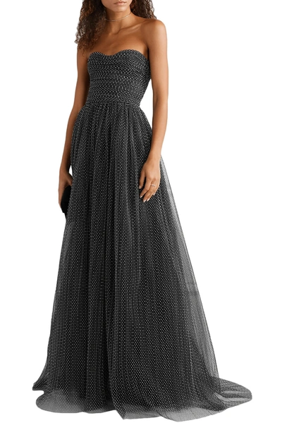 Shop Monique Lhuillier Strapless Ruched Swiss-dot Tulle Gown In Black