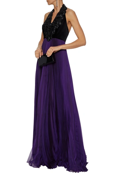 Shop Andrew Gn Embellished Velvet And Pleated Chiffon Halterneck Gown In Violet