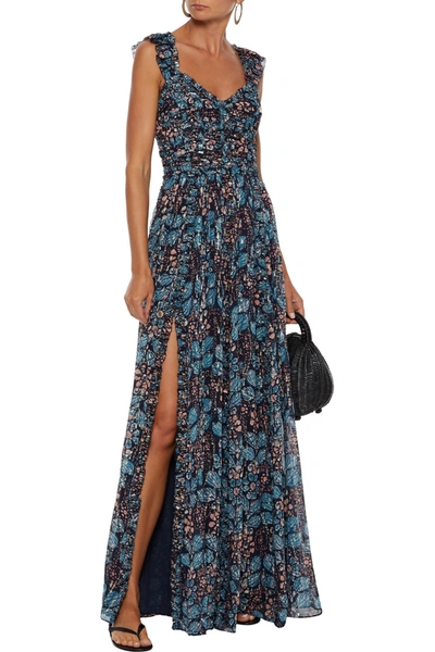 Shop Ulla Johnson Evianna Pleated Fil Coupé Printed Silk And Lurex-blend Gown In Indigo
