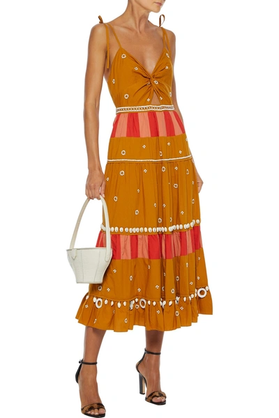 Shop Ulla Johnson Cutout Embellished Cotton-poplin Midi Dress In Saffron
