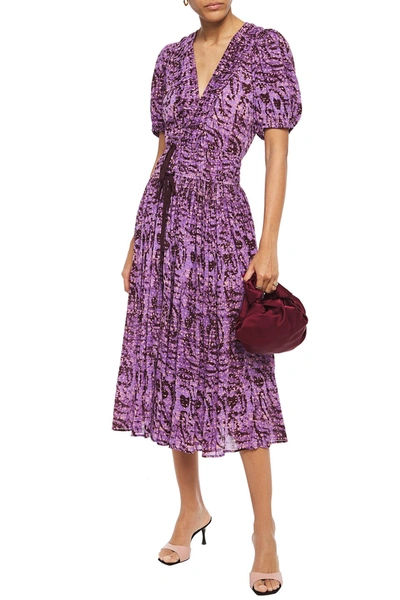 Shop Ulla Johnson Kemala Bow-detailed Printed Cotton-gauze Midi Wrap Dress In Lavender