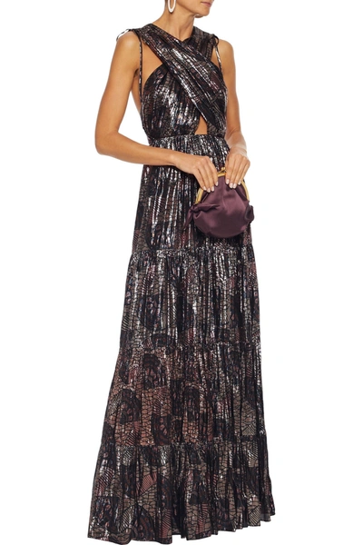 Shop Ulla Johnson Ambrosia Pleated Printed Silk-blend Lamé Gown In Bronze