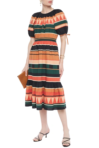 Shop Ulla Johnson Ayta Fluted Striped Cotton-poplin Midi Dress In Forest Green