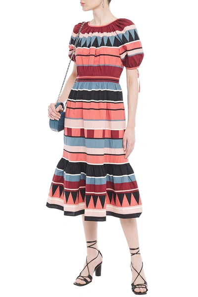 Shop Ulla Johnson Ayta Fluted Striped Cotton-poplin Midi Dress In Brick