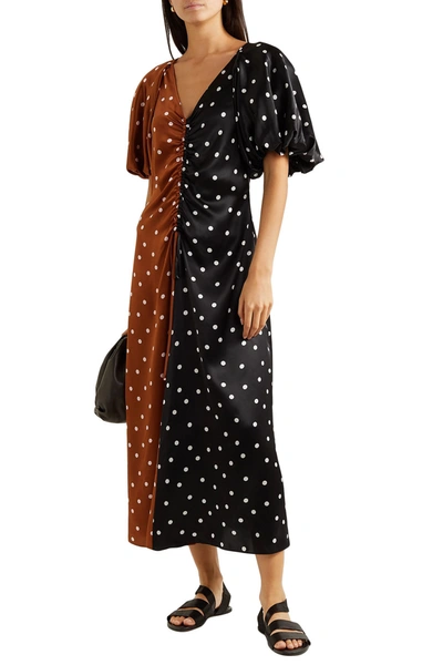 Shop Lee Mathews Talulah Ruched Two-tone Polka-dot Silk-satin Midi Dress In Black