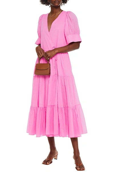 Shop Rhode Gina Tiered Cotton Midi Wrap Dress In Pink