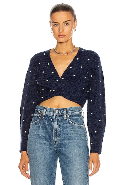 Shop Self-portrait Diamante Front Twist Cropped Sweater In Navy