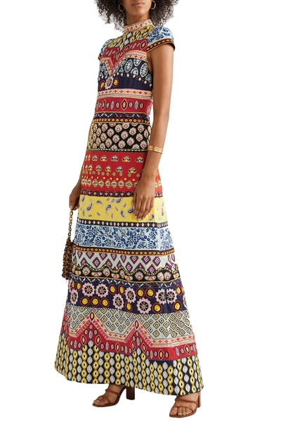 Shop Alice And Olivia Arwen Open-back Embellished Cotton-poplin Maxi Dress In Multicolor