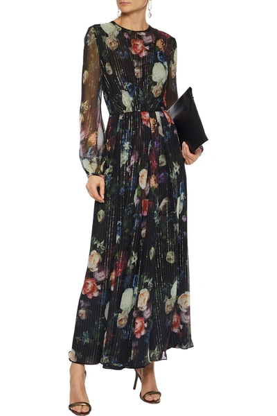 Shop Adam Lippes Pleated Metallic Floral-print Silk-blend Chiffon Gown In Black