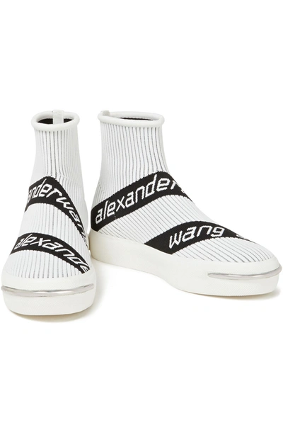 Shop Alexander Wang Pia Logo-jacquard Ribbed Stretch-knit Sneakers In White