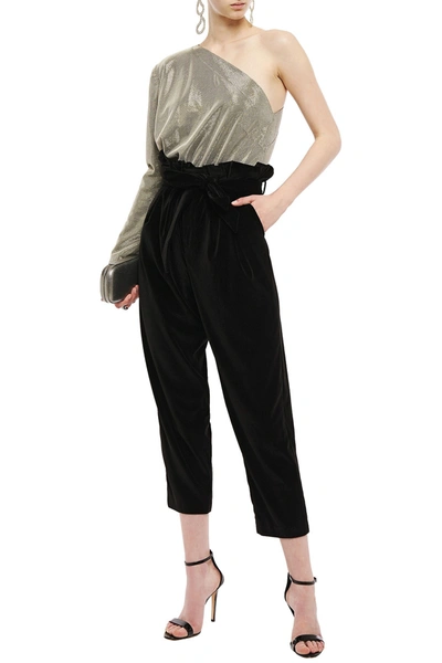 Shop Alice And Olivia Farrel Cropped Gathered Velvet Straight-leg Pants In Black