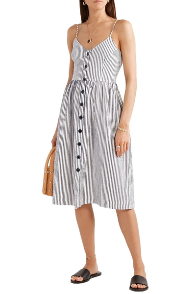 Shop Atm Anthony Thomas Melillo Striped Cotton And Linen-blend Midi Dress In Navy