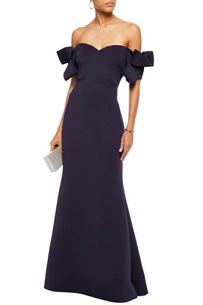 Shop Badgley Mischka Off-the-shoulder Bow-embellished Scuba Gown In Navy