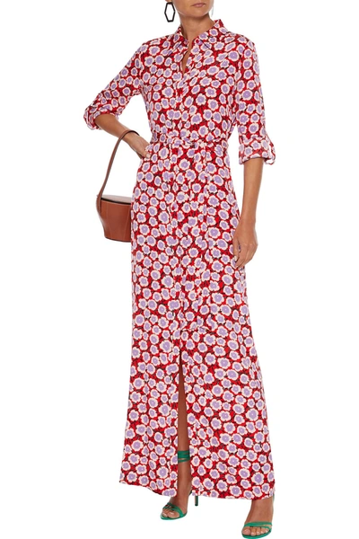 Shop Diane Von Furstenberg Amina Belted Printed Silk Crepe De Chine Maxi Shirt Dress In Red