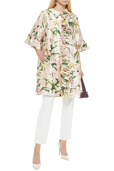 Shop Dolce & Gabbana Ruffled Floral-print Silk-shantung Coat In Blush
