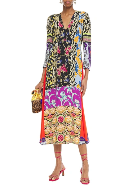 Shop Etro Patchwork-effect Printed Crepe De Chine Midi Dress In Navy