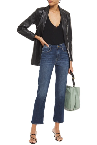 Shop Frame Le High Straight Cropped High-rise Straight-leg Jeans In Dark Denim